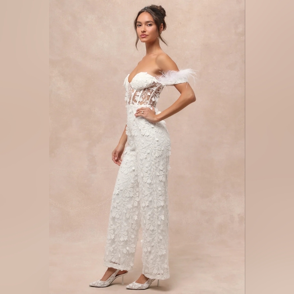 Lulus Midnight Sparkle White Mesh Embroidered Feather Bustier Jumpsuit XL Bridal - Picture 4 of 9